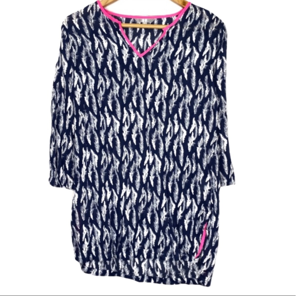 Uniqlo Blue Feather Print Pink Trim Tunic Top XS